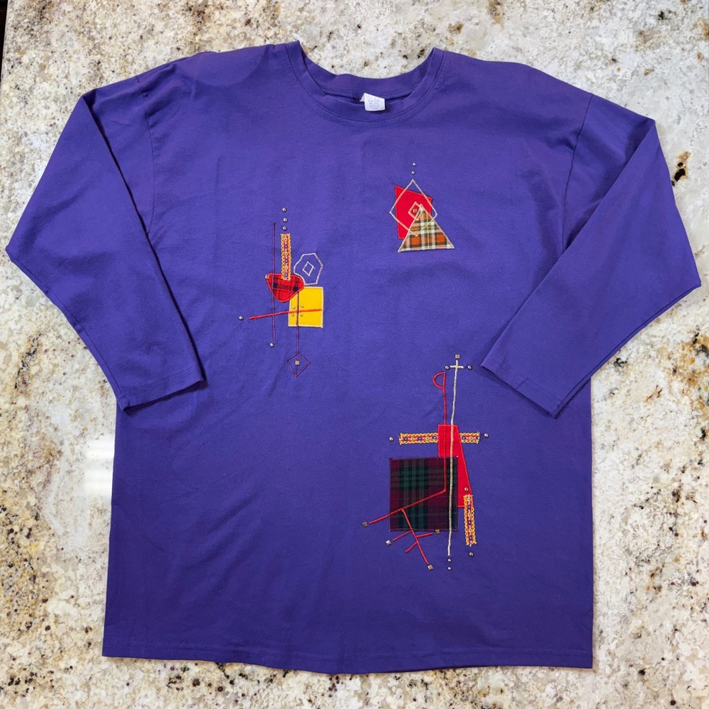 Vintage Purple Abstract Geometric Patchwork Art to Wear Long Sleeve Top OSFM